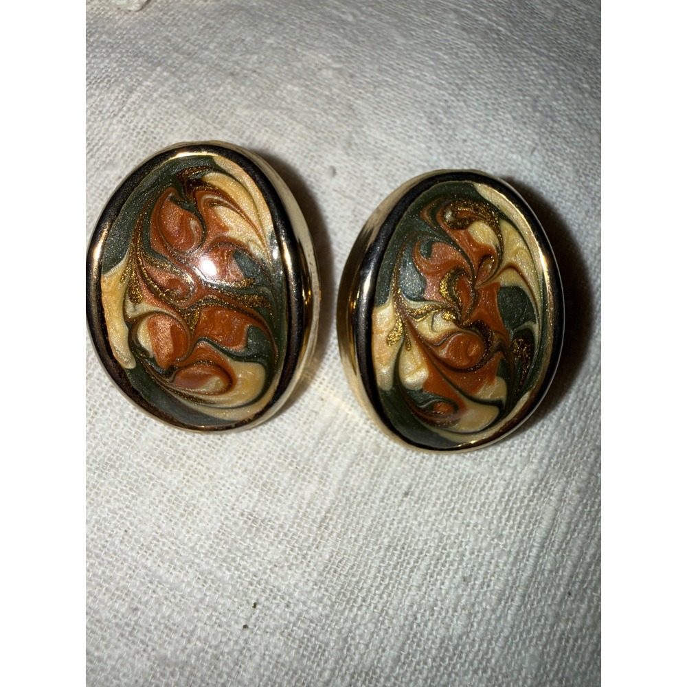 Retro Marbled Oval Stud Earrings Gold Tone Brown Cream Green Statement